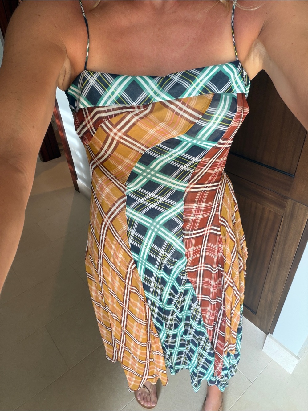 Maeve Multicolor Plaid Asymmetrical Slip Dress with Teal & Mustard Panels - Picture 5 of 11